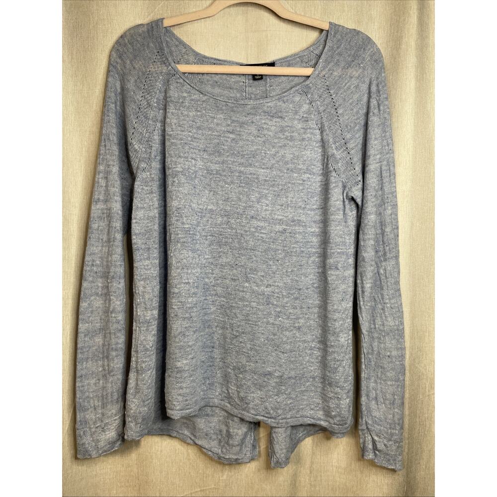 Ann Taylor Women’s Large 100% Linen Long Sleeve Top Heather Blue-Split Back Hem
